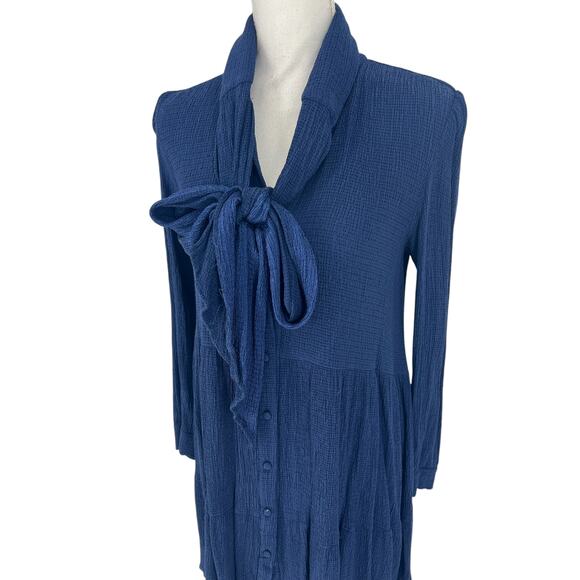 Sezane Selena Tie Neck Long Sleeve Navy Blue Tiered Dress - Picture 6 of 15